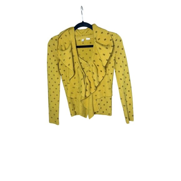 Anthropologie Moth Van Wrinkle Mustard Gold Dot Ruffle Cardigan Sweater Size XS - Picture 2 of 12